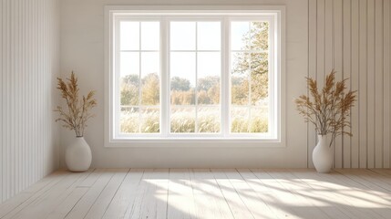 Poster - Bright and Airy Empty Room with Large Windows, Light Wooden Floor, and Decorative Vases, Ideal for Inspiring Interior Design Concepts