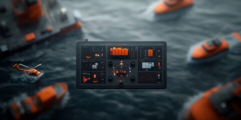 Poster - Aerial View of Offshore Logistics Coordinator Directing Cargo Shipments and Helicopter Transports to Multiple Oil and Gas Platforms with Detailed Data Visualizations on Control Panels Gritty Style