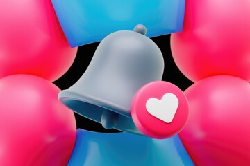 Aufkleber - 3D render of a notification bell with a heart, surrounded by colorful spheres.