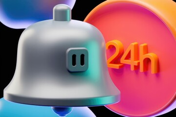 Fototapete - A 3D rendered image of a bell with 24h, signifying 24/7 service or availability.
