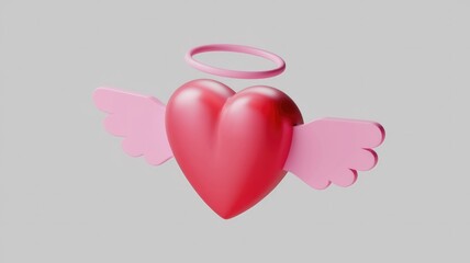Poster - A 3D rendering of a red heart with pink wings and a halo, symbolizing love and angelic purity.