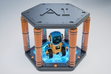 Poster - A small AI robot is enclosed within a hexagonal structure, showcasing futuristic technology.