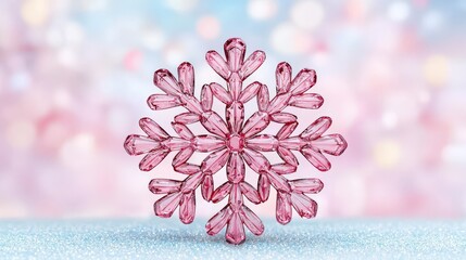 Poster - Beautiful pink crystal snowflake ornament sparkling on soft pastel blurred background, winter decoration