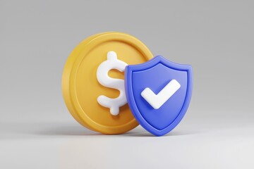 Aufkleber - A 3D rendering of a gold coin with a dollar sign and a blue shield with a checkmark, symbolizing financial security.