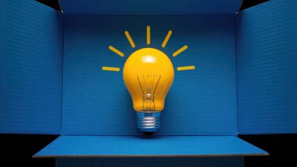 Leinwandbilder - A bright yellow lightbulb inside a blue box symbolizes ideas, innovation, and creative thinking.