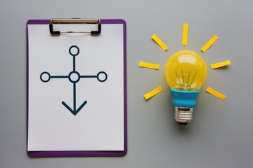 Poster - A clipboard with a flowchart converging downwards symbolizes an idea's development and implementation.