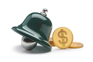 Poster - A green bell rests on a stack of gold coins, symbolizing financial alerts or notifications.