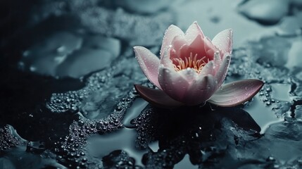Poster - Delicate Lotus Blossom with Water Droplets on Dark Surface Creating a Tranquil and Serene Natural Setting