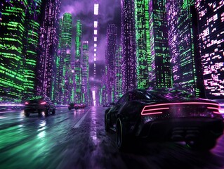 Poster - vibrant futuristic cityscape shrouded in pulsing quantum energy surreal abstract digital environment