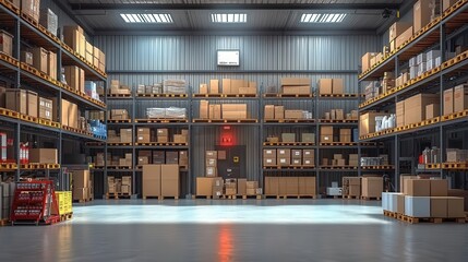 Poster - Spacious and Organized Retail Warehouse Interior with Shelves Full of Stocked Boxes and Pallets Ready for Distribution and Shipping Purposes