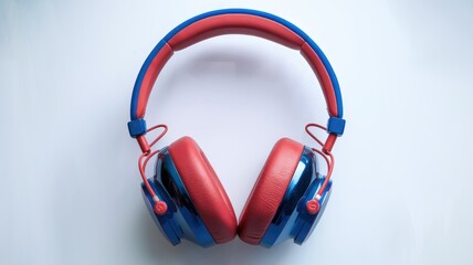 Wall Mural - Red and blue over-ear headphones, ideal for music listening and audio enjoyment.