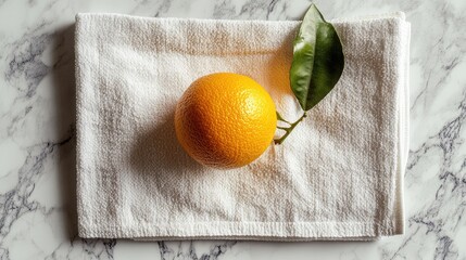 Poster - Single bright naval orange resting on a textured white kitchen towel against a marble background highlighting natural colors and textures