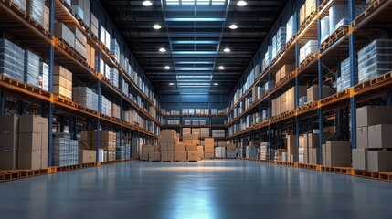 Poster - Spacious Retail Warehouse Interior Filled with Neatly Organized Boxes and Pallets Under Bright Lighting in a Modern Storage Facility