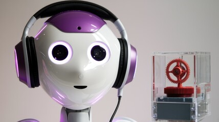 Poster - A friendly-faced robot wearing headphones, possibly listening to music or audio data, with a gear mechanism in a transparent case nearby.