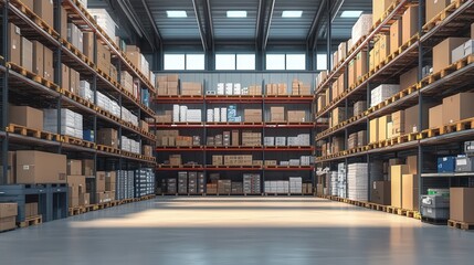 Poster - Spacious and Organized Retail Warehouse Interior Featuring Neatly Stacked Storage Boxes and Products on Shelves in Well-Lit Environment