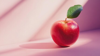 Poster - Vibrant red apple with green leaves positioned on a soft pink backdrop showcasing minimalistic aesthetic and natural light play
