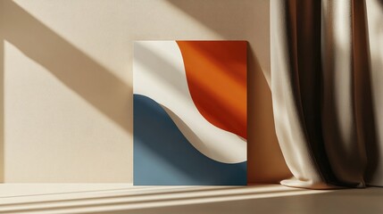 Poster - A3 size poster mockup with vibrant waves design against a soft fold background in natural light setting