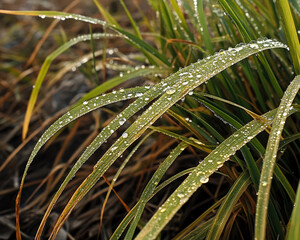 Wall Mural - A field of grass with droplets of water on the leaves
