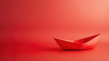 Poster - Minimalist red paper boat on vibrant red background with ample negative space for creative design and text placement.