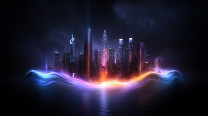 Poster - Captivating vibrant city pulsing with a digital wave of light and ethereal quantum fluctuations rendered in a striking abstract style