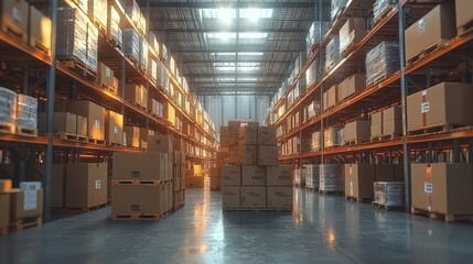 Poster - Spacious and Organized Warehouse Interior with Stacked Boxes and Pallets Illuminated by Natural Light