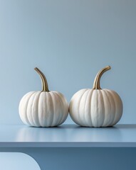 Wall Mural - there are two white pumpkins sitting on a table with a blue background