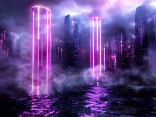 Poster - Captivating Quantum Cityscape Surreal Retrofuturistic Synthwave Metropolis Aglow with Cascading Neon Lights Vibrant Digital Abstract Environment with Glitching Chromatic and Holographic Illumination