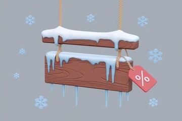 Poster - Winter sale announcement on a snow-covered wooden sign with icicles.