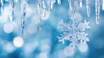 Poster - Frozen snowflake encased in crystal sphere surrounded by icicles glistening in a serene winter setting with blurred blue background