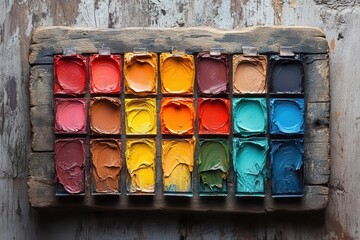 professional artist color palette with rich oil paint swatches and traditional wood texture capturing creative process