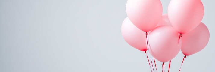 Poster - Bunch of pink balloons with red ribbons floating against a light grey background, perfect for valentine's day, women's day, spring celebrations, or romantic occasions