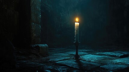 Poster - Solitary white candle casting a warm glow in a dimly lit, atmospheric room with stone flooring and subtle shadows