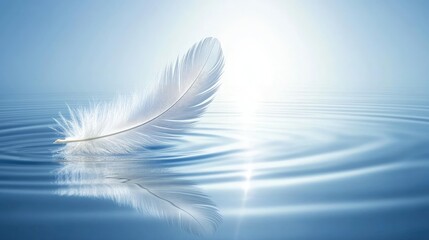 Poster - Single white feather gracefully floating on calm water surface with gentle blue reflections creating a serene and tranquil atmosphere