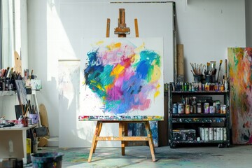 Poster - Vibrant artistic workspace filled with colorful paint palettes, brushes, and easel for creative expression. Generative AI