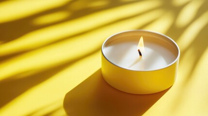 Poster - Scented candle on yellow backdrop creating serene ambiance with dynamic shadows for a calming interior aesthetic