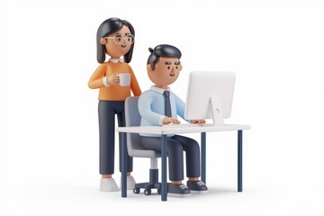 Poster - A 3D rendered image showing a woman assisting a man working on a computer.