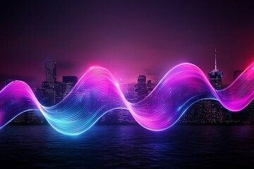 Poster - Captivating digital wave envelops the bustling city skyline bathing the high rise buildings and urban environment in a display of colorful lights and shimmering quantum fluctuations