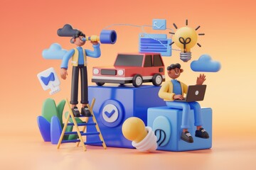 Leinwandbilder - 3D illustration depicting teamwork, innovation, and progress towards a shared goal, symbolized by a car.