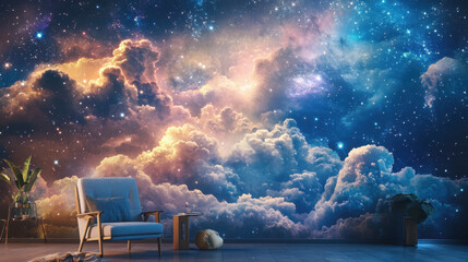 Cosmic Dreams:  A plush armchair sits invitingly before a breathtaking mural depicting a celestial expanse of clouds and twinkling stars.