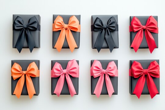 A set of minimalistic birthday gifts wrapped in matte paper with contrasting bright bows on a simple white background against pure white background