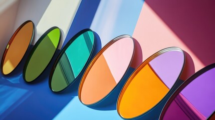 Poster - Colorful oval mirrors casting shadows in vibrant light creating an artistic interplay of reflections and colors on a modern backdrop.