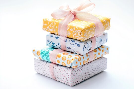 A stack of birthday gifts wrapped in festive patterns with soft, flowing ribbons, creating a joyful arrangement against pure white background