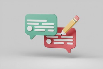 Leinwandbilder - 3D illustration of two speech bubbles with a pencil, signifying communication and writing.