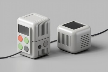 Poster - Two retro-styled electronic devices, one with buttons and a screen, connected by a cable.