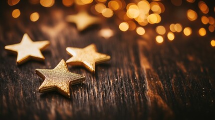 Poster - Golden stars on a wooden table with blurred lights in the background creating a festive atmosphere for a seminar or celebration setting