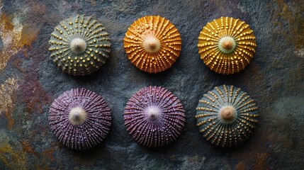 Poster - Six colorful sea urchins arranged on a dark textured background ideal for design and creative projects.