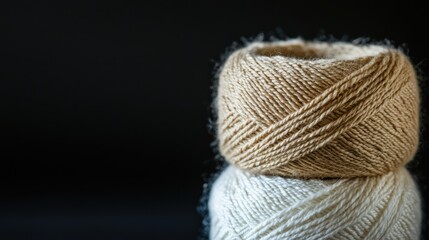 Poster - Skein of beige and white wool yarn stacked on a dark background showcasing texture and craftsmanship in textile art