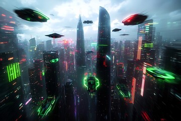 Poster - Captivating futuristic city skyline featuring towering skyscrapers glowing neon architecture reflective glass facades and hovering antigravity vehicles