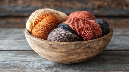 Poster - Skein of vibrant yarn in wooden bowl on rustic tabletop perfect for crochet and knitting projects with quality hand knitted supplies