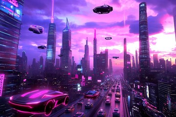 Poster - Captivating futuristic cityscape with towering skyscrapers neon lit facades and advanced antigravity transportation vehicles hovering in a vibrant abstract digital landscape